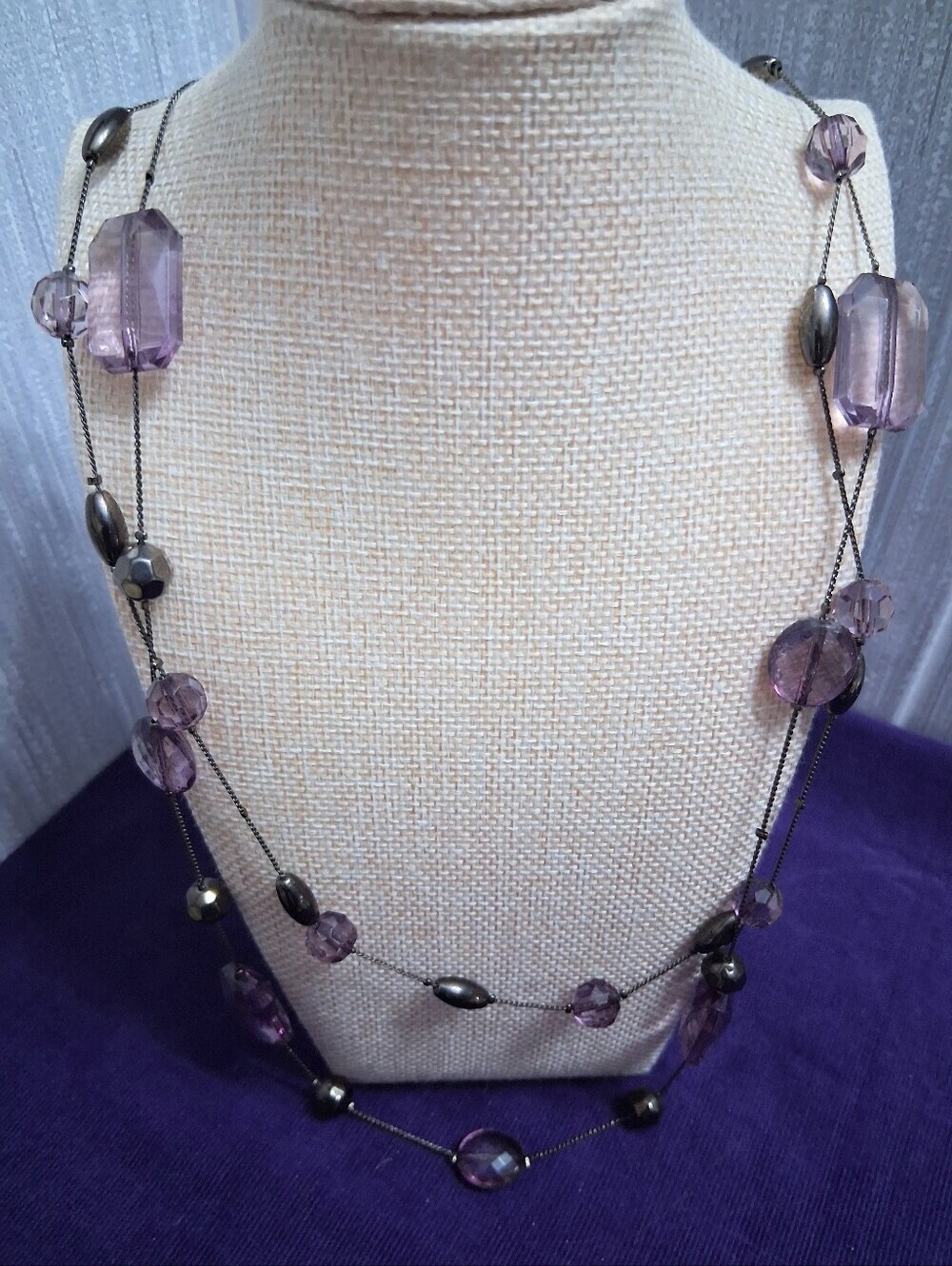 Vintage Double Strand Beaded Necklace Clear Purple And Gunmetal 24"